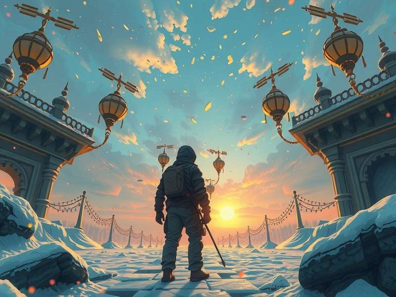 Graphical depiction of Peak Game character freezing in a snowy mountain pass