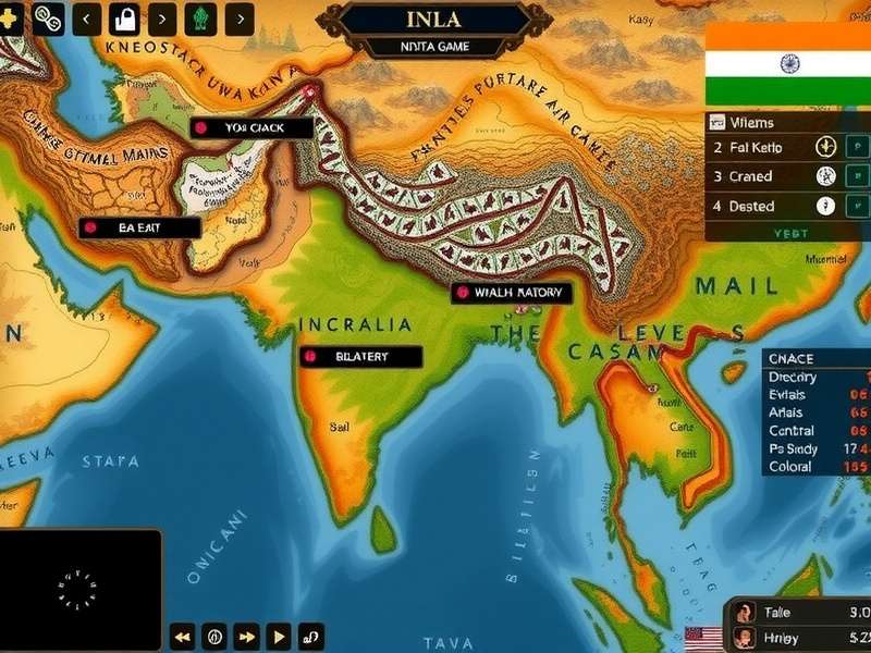 Concept art of a snowy mountain peak battlefield with ruins and strategic points highlighted