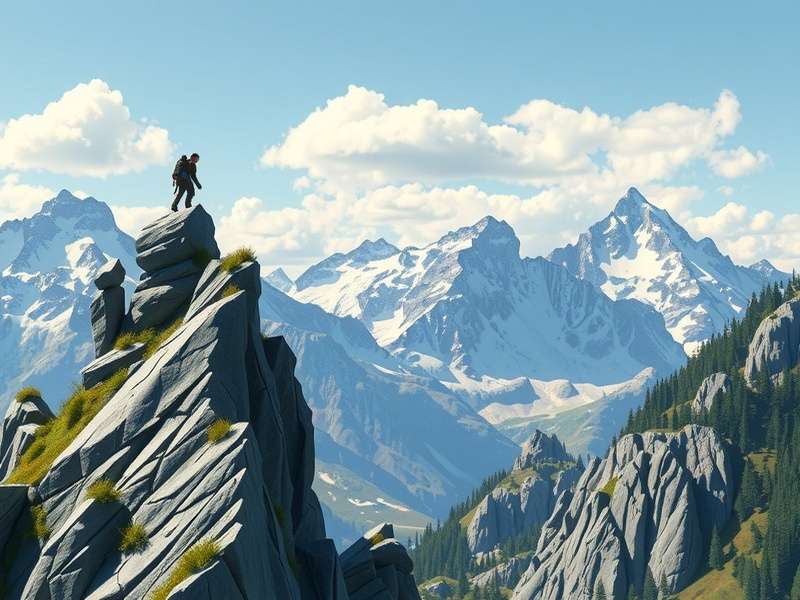 Peak game screenshot showing climber on snowy ridge at sunset