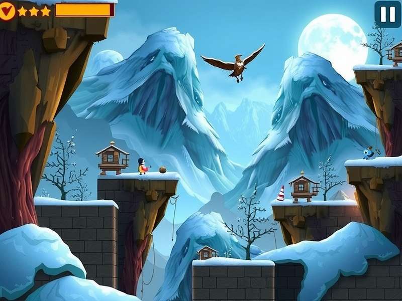 Gameplay screenshot of Peak Game on Android showing character climbing a snowy mountain