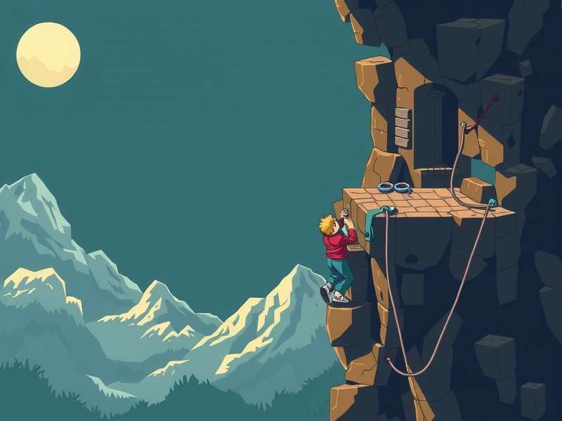 A climber ascending a sheer rock face in Peak game, showing detailed textures and gear