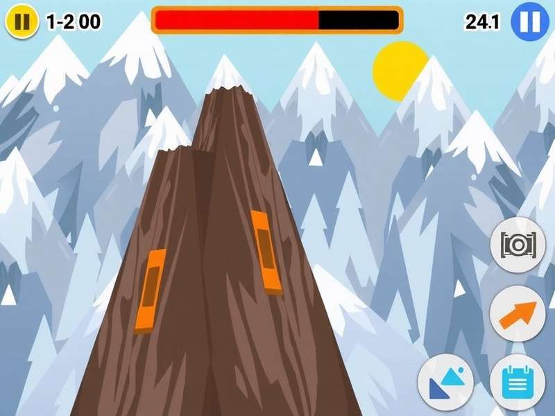 Mountain Climbing Game screenshot showing a player ascending a snowy peak with dramatic skyline