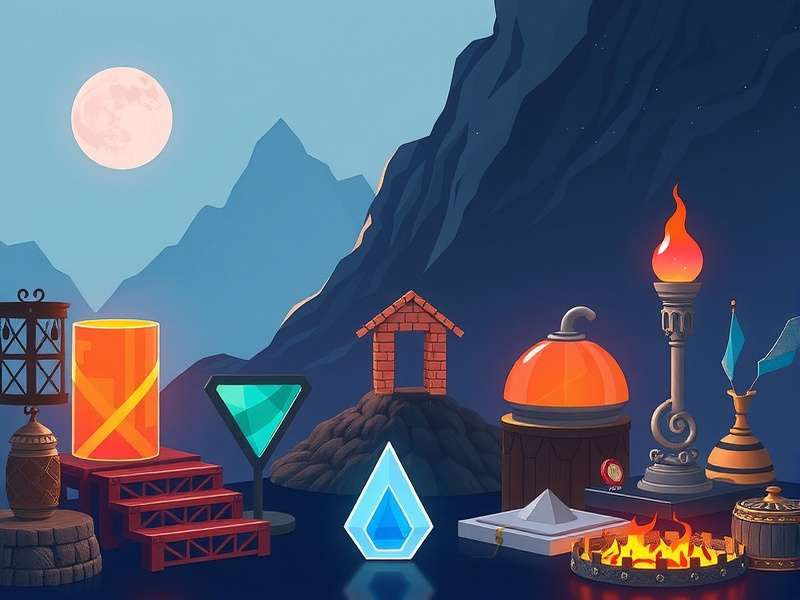 Peak Game rare item collection display with glowing crystals and ancient relics